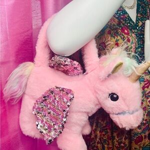 Sparkling Pink Unicorn Plush Zipper Handbag with Sequins
